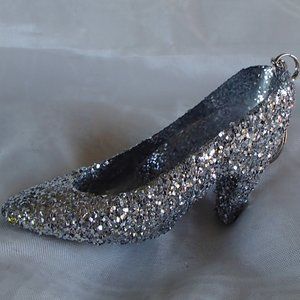 Silver Slipper Shoe Keychain Handcrafted By Audi Lee Acrylic Glitter Festive
